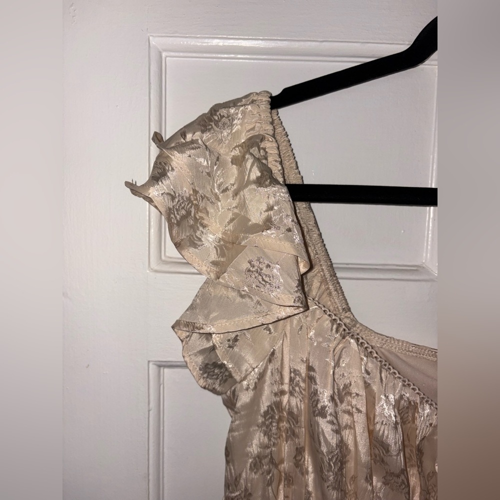 Sleeveless Floral Satin Tiered Midi Dress - Beige - Picture 3 of 4